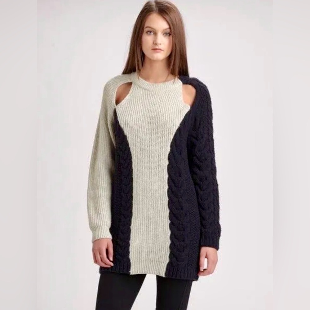 HOT 3.1 Phillip Lim Boxy Cable Knit Cutout Blue Ribbed Sweater $715+ ON CELEBS!